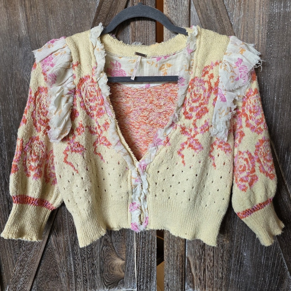 Free People Sweater Women's Size Small Statement Rose Garden Cardigan Ruffles